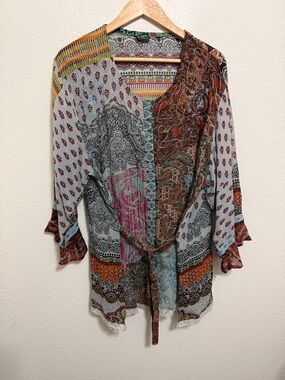 Lightweight Mixed-Print Tie-Front Tunic - Multicolor
